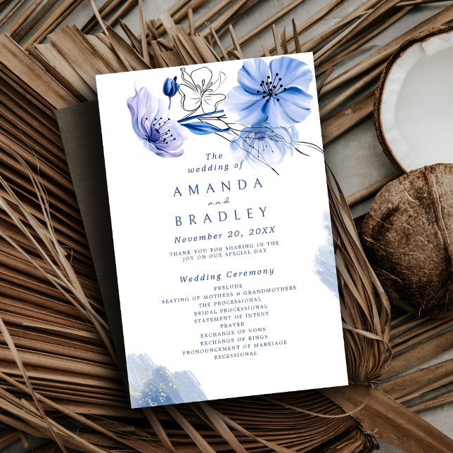 Dusty Blue & Gold Glitter Floral Wedding Programs (Creator Uploaded)