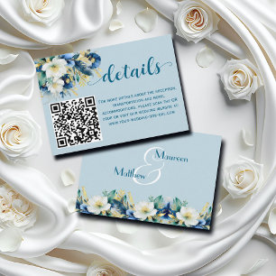 Dusty Blue Gold Glitter QR Code Wedding Details Enclosure Card