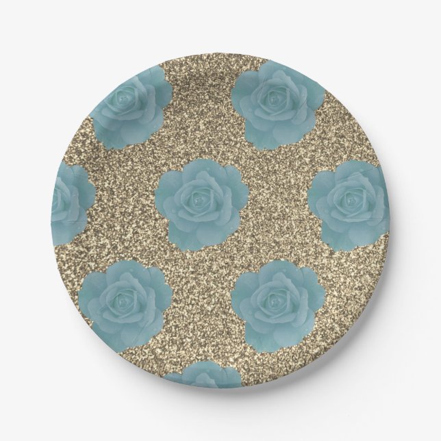 Dusty Blue Gold Glitter Rose Bridal Shower Wedding Paper Plate (Front)