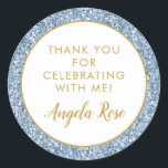 Dusty Blue Gold Glitter Thank You Party Favour Classic Round Sticker<br><div class="desc">Dusty Blue Muted Periwinkle Glitter with gold thank you text and name favour label, perfect for a modern baby shower, bat mitzvah, birthday party, Quinceanera, or bridal shower. Glitter is a printed image - no real glitter is used and so no mess! Visit the Paper Grape Zazzle shop for coordinating...</div>