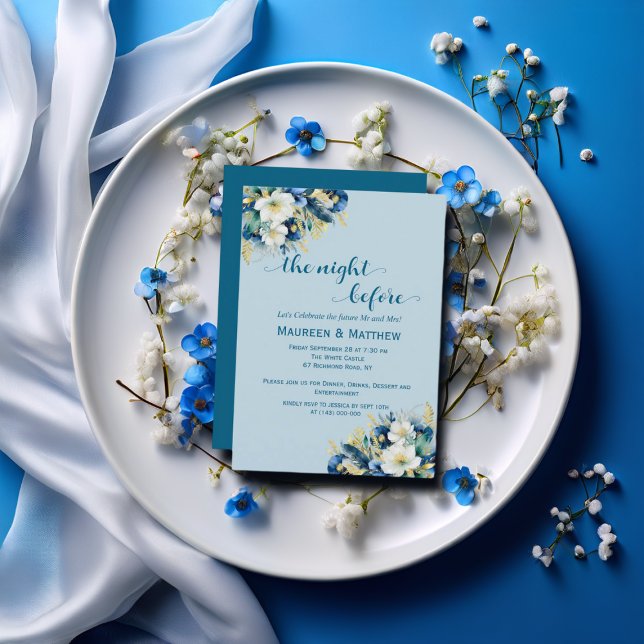 Dusty Blue Gold Glitter 'The Night Before' Wedding Invitation (Creator Uploaded)