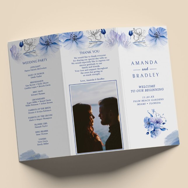 Dusty Blue & Gold Glitter Trifold Wedding Program Flyer (Creator Uploaded)