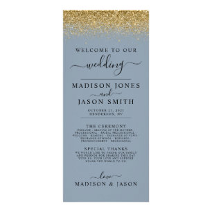 Dusty Blue & Gold Glitter Wedding Program Rack Card