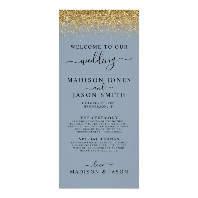 Dusty Blue & Gold Glitter Wedding Program Rack Card (Front)