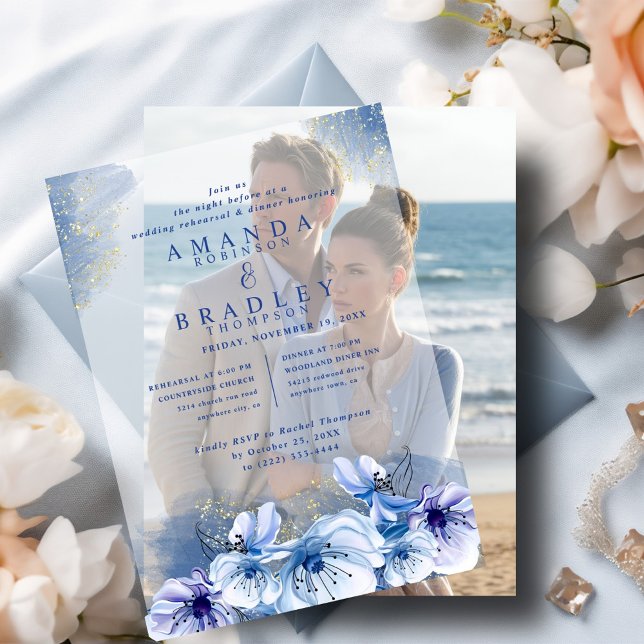 Dusty Blue & Gold Glitter Wedding Rehearsal Dinner Vellum Invitations (Creator Uploaded)