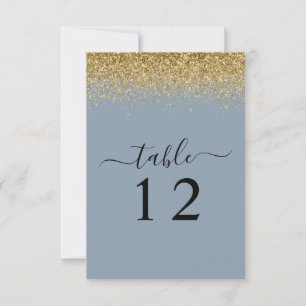 Dusty Blue & Gold Glitter Wedding Table Card