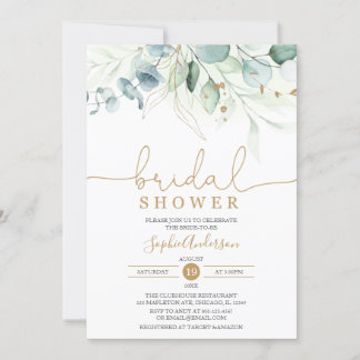 Dusty Blue Gold Greenery Eucalyptus Bridal Shower Invitation