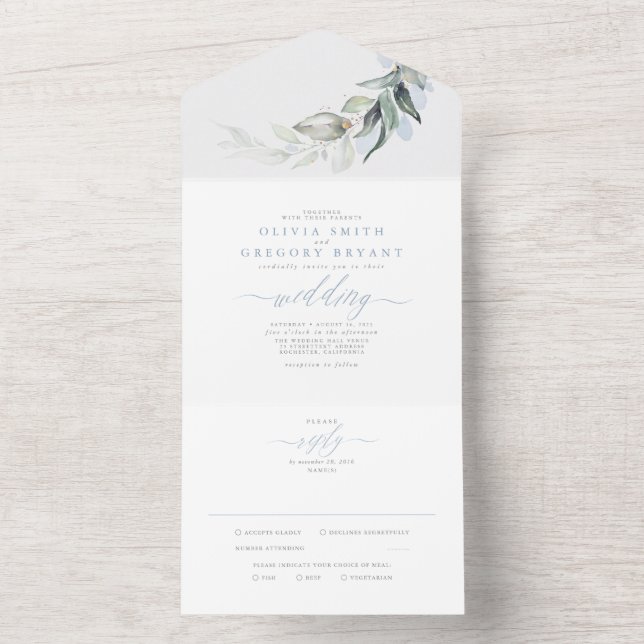 Dusty Blue Gold Greenery Leaves Elegant Wedding All In One Invitation (Inside)