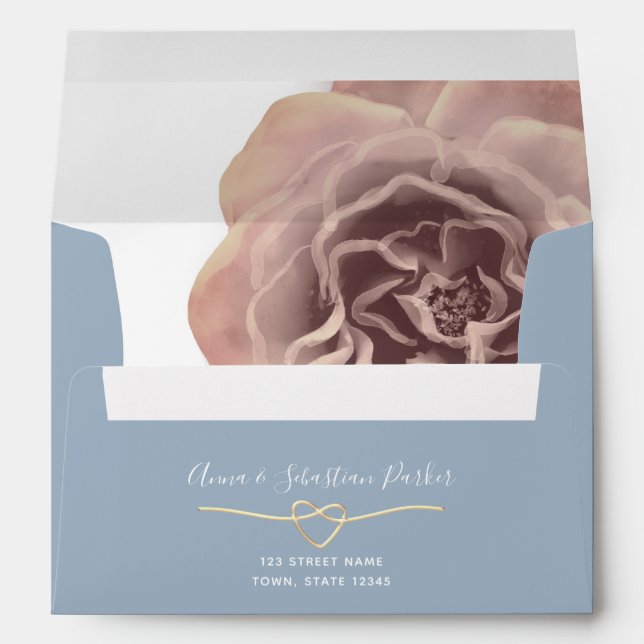 Dusty Blue Gold Heart Floral Wedding Envelope (Back (Bottom))