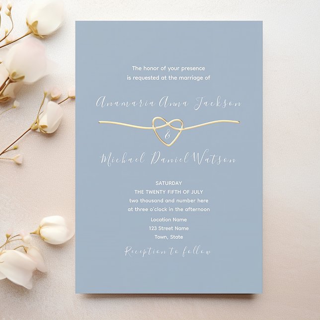 Dusty Blue Gold Heart Wedding Invitation (Creator Uploaded)