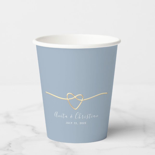 Dusty Blue Gold Heart Wedding Paper Cups (Front)