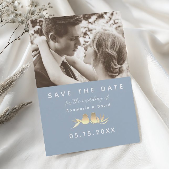Dusty Blue Gold Lovebirds Photo Save The Date (Creator Uploaded)