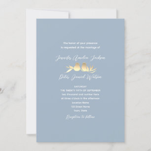 Dusty Blue Gold Lovebirds Wedding Invitation