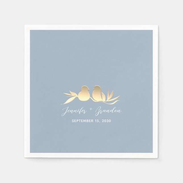 Dusty Blue Gold Lovebirds Wedding  Napkin (Front)