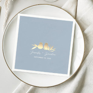 Dusty Blue Gold Lovebirds Wedding Napkin