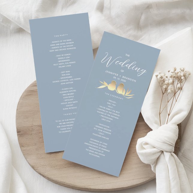 Dusty Blue Gold Lovebirds Wedding Program (Creator Uploaded)