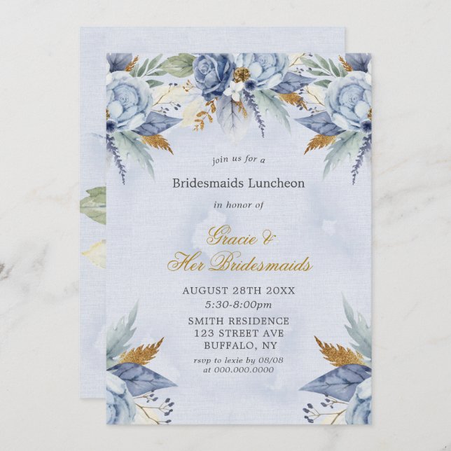 Dusty Blue Gold Peony Bridesmaids Luncheon Invites (Front/Back)