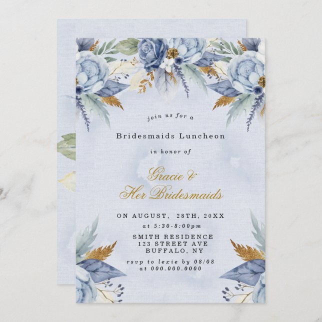 Dusty Blue Gold Peony Bridesmaids Luncheon Invites (Front/Back)