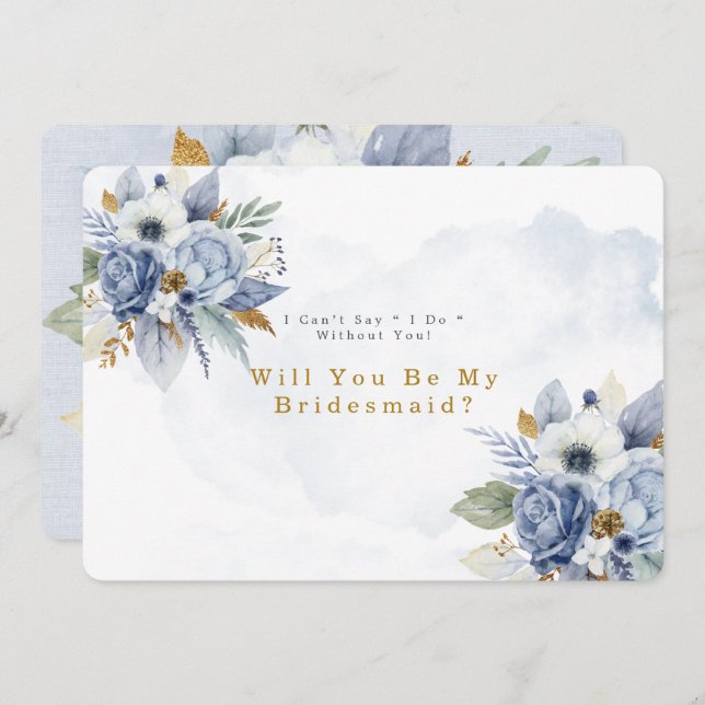 Dusty Blue Gold Peony Will You Be My Bridesmaid  Invitation (Front/Back)