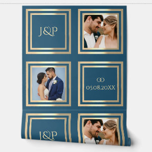 Dusty blue gold photo names wedding decoration wallpaper