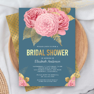 Dusty Blue Gold Pink Floral Bridal Shower Invitation