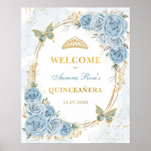 Dusty Blue Gold Quinceanera Mis Quince Welcome Poster