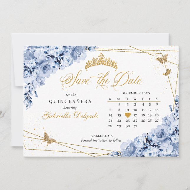 Dusty Blue & Gold Quinceañera Save The Date Invitation (Front)