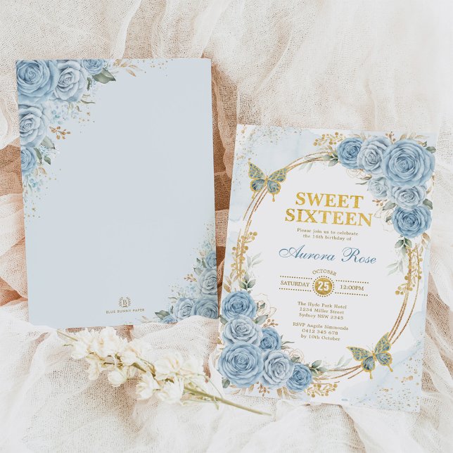 Dusty Blue Gold Roses Sweet Sixteen Birthday Invitation (Creator Uploaded)