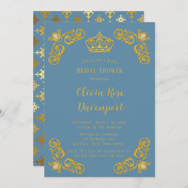Dusty Blue & Gold Royal Crown Damask Bridal Shower Invitation (Front/Back)