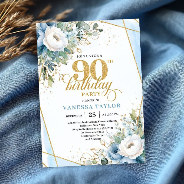 Dusty blue gold script frame modern 90th birthday  invitation (Dusty blue gold script frame modern 90th birthday invite)