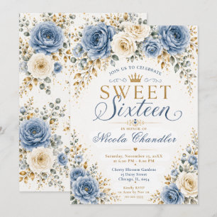 Dusty Blue Gold Sweet Sixteen Invitation