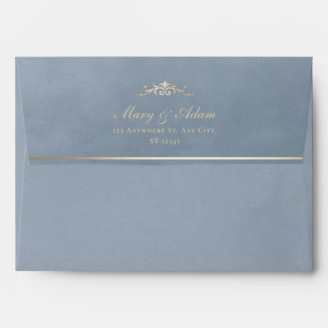 Dusty Blue & Gold Velvet Texture Wedding Envelope (Back (Top Flap))