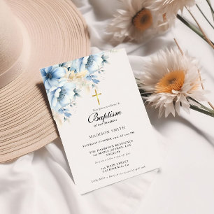  Dusty Blue Gold Wildflower First Holy Baptism Invitation
