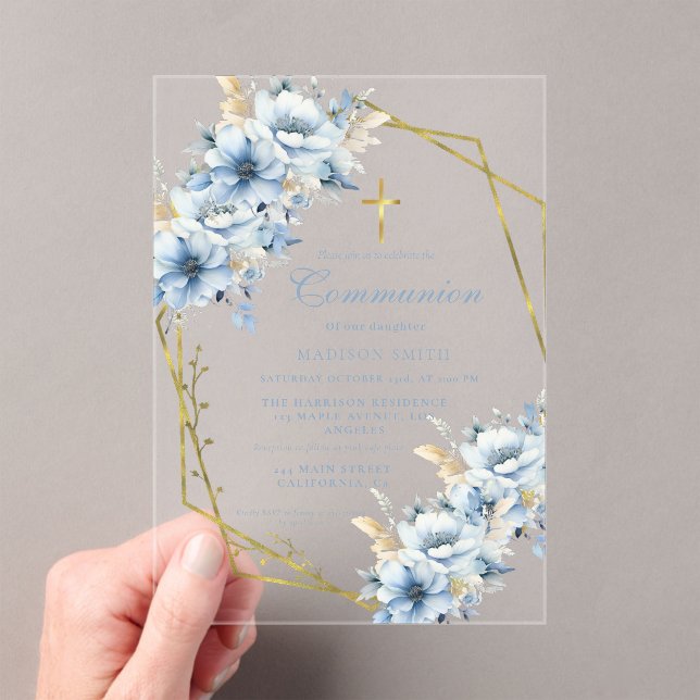  Dusty Blue Gold Wildflower First Holy Communion Acrylic Invitations (Insitu (Handheld))