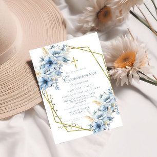 Dusty Blue Gold Wildflower First Holy Communion Invitation
