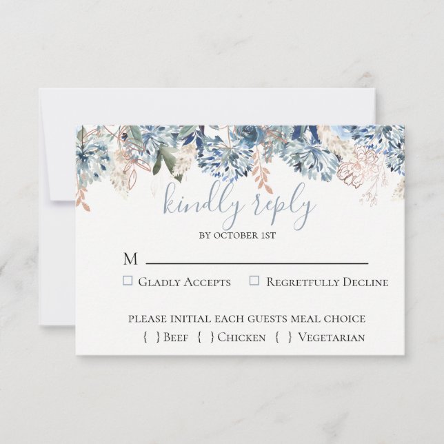 Dusty Blue Golden Botanical Wedding RSVP Card (Front)