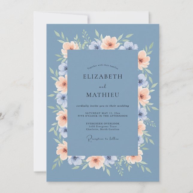 Dusty Blue Graceful Summer Wedding Invitation (Front)