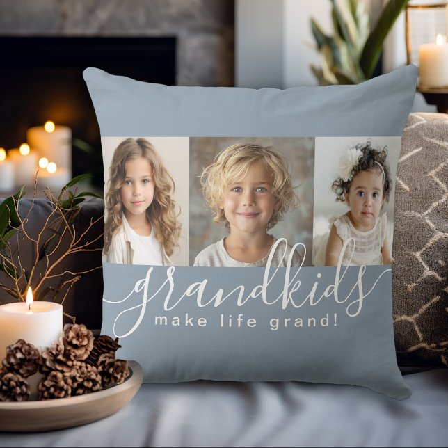 Dusty Blue Grandkids Make Life Grand Photo Collage Cushion (Creator Uploaded)