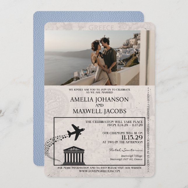 Dusty Blue Greece Passport Wedding Invitation (Front/Back)