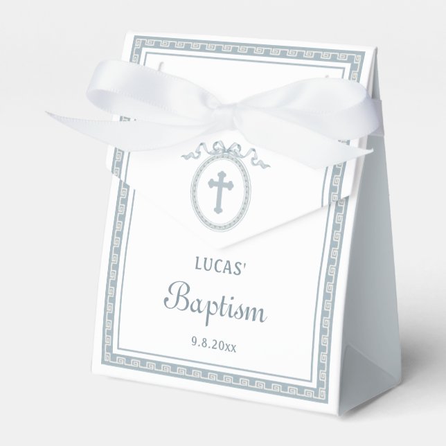 Dusty Blue Greek Frame Baptism Tent Favour Box (Front Side)