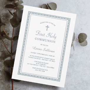 Dusty Blue Greek Frame First Communion Invitation