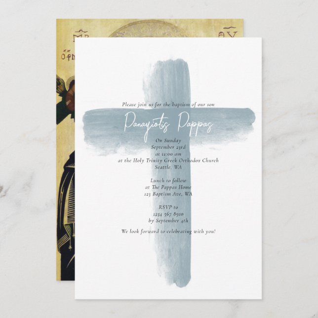 Dusty Blue Greek Orthodox Christening Boy Baptism Invitation (Front/Back)