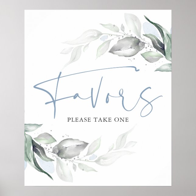 Dusty Blue Greenery and Silver Leaves Favours Sign (Front)