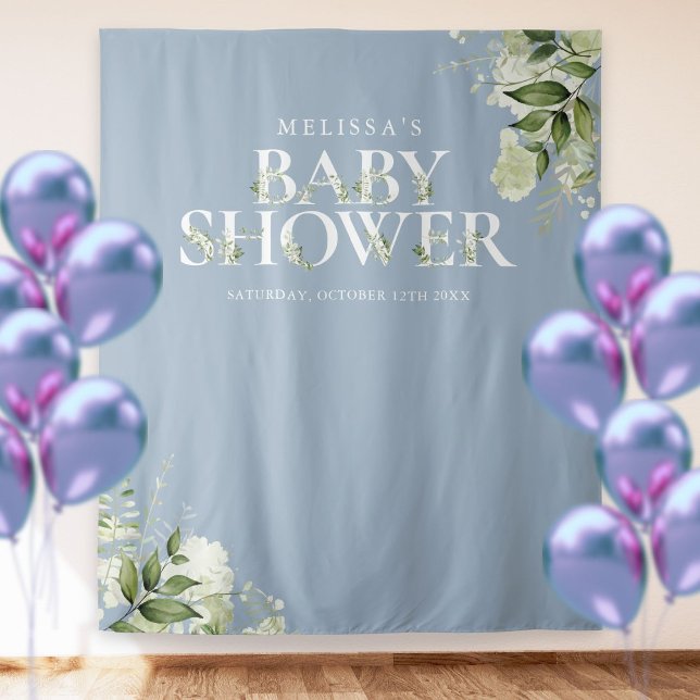 Dusty Blue Greenery Baby Shower Photo Backdrop Tapestry (Creator Uploaded)