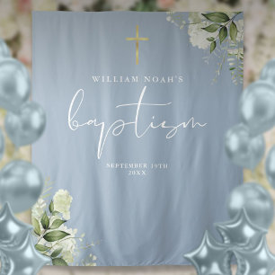 Dusty Blue Greenery Baptism Photo Backdrop Tapestry