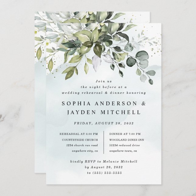 Dusty Blue Greenery Boho Wedding Rehearsal Dinner Invitation (Front/Back)