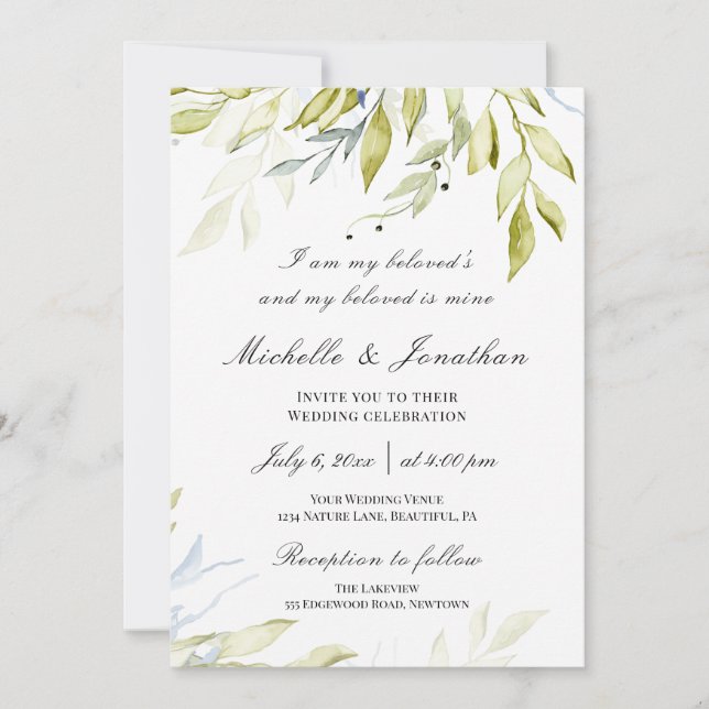 Dusty Blue Greenery Botanical Christian Wedding Invitation (Front)