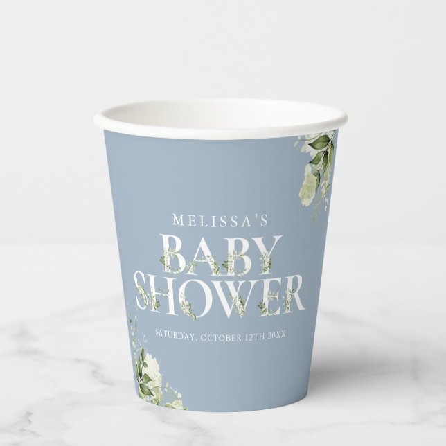 Dusty Blue Greenery Boy Baby Shower Paper Cups (Front)