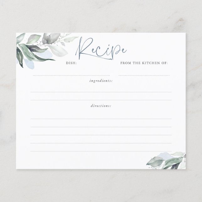 Dusty Blue Greenery Bridal Shower Recipe Card (Front)