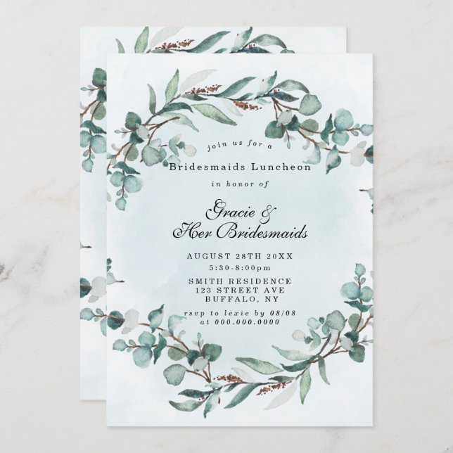 Dusty Blue Greenery Bridesmaids Luncheon Invites (Front/Back)